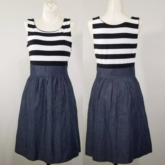 Mixed Media DENIM Striped Knit Dress The Limited 0 Fit Flare Cottagecore Preppy - Picture 1 of 12